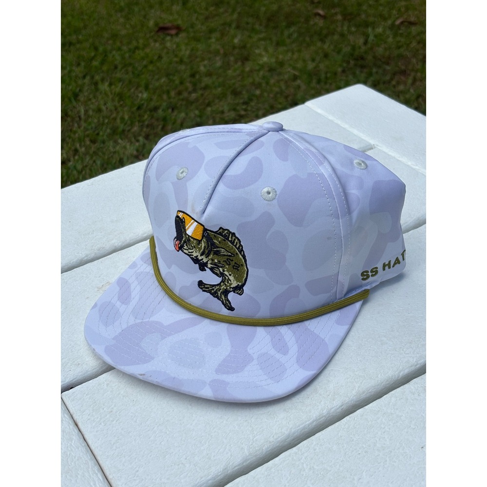 Southern String Hat Co Bass Fishing Rope Snapback Hat White Lavender Camo Cap